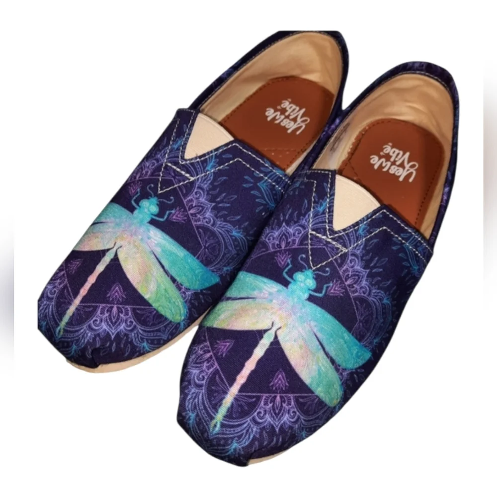 Yes We Vibe Dragonfly Mandala Graphic Canvas Slip-On Flats SZ 10